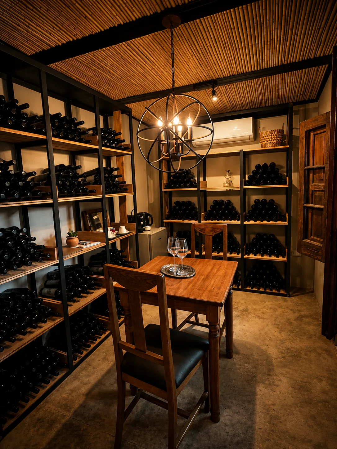 A mesa posta para dois dentro da Cava, entre as garrafas
